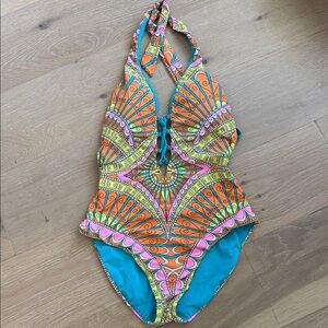 Trina Turk Women's Orange & Teal Printed One-Piece Swimsuit size 8